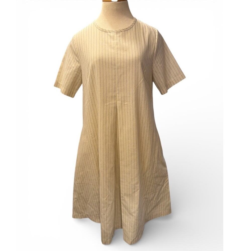 Modest Vertical Stripe Aline Midi Shift Dress Short Sleeve M Cream Black Modest